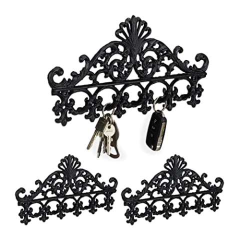 Relaxdays 3 x Garderobenleiste Gusseisen, 5 Haken, antike Hakenleiste, für Schlüssel, nostalgisch, HBT: 17 x 35 x 3,5 cm, schwarz