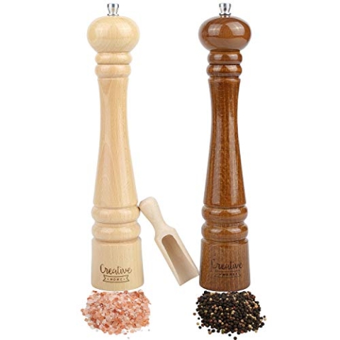 Creative Home Große Salz Pfeffermühle Holz | Set von 2 Mühlen mit Mini-Holzschaufel | 31,5cm Höhe | Manueller Quetschmechanismus | Perfekte Pfeffer- und Salzmühle Gewürzmühle für Jede Küche