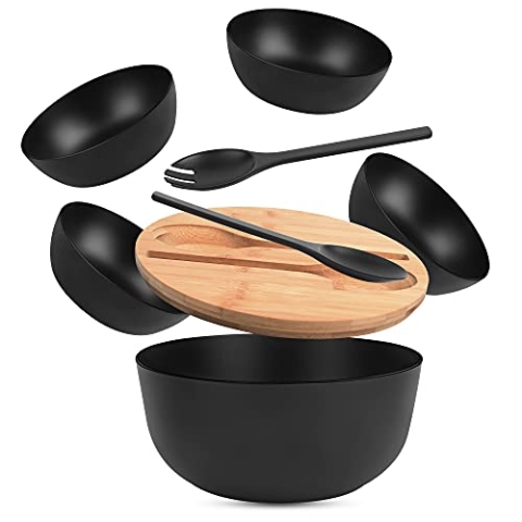 INNOVEST Salatschüssel mit Deckel Bambus mit Schneidebrett, Besteck, Salatbesteck-Inklusive 4 Servierschalen, Obstschüssel-Salad Bowl-Schüsselset-Snackschale- 3,5 l, Schwarz, 24,9 cm