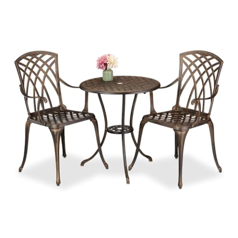 Relaxdays Gartenmöbel Set 3-teilig, Tisch, 2 Stühle, Aluguss, Balkonmöbel Antikdesign, Garten Sitzgruppe, schwarz/Bronze
