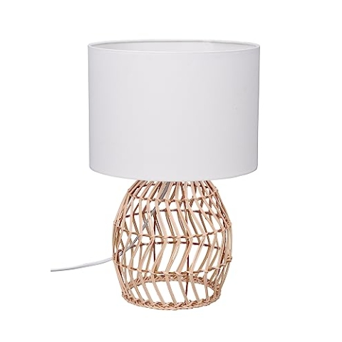Reality Leuchten Tischleuchte Rike R51131036, Sockel Rattangeflecht, Schirm Stoff Weiß, exkl. 1x E27