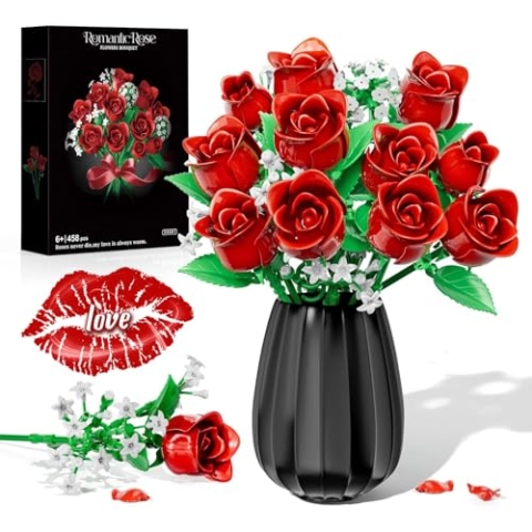 WIDELAND Rose Blumen Bausteine Bausatz, Blumenstrauß Bausteine Sets, Künstliche Blumen für Einzigartige Geschenkidee für Mama, Freundin und Mädchen 6+, Vase Nicht Enthalten