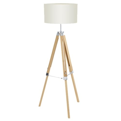 EGLO Stehlampe Lantada, Stehleuchte Vintage, Standleuchte aus Holz, Stahl und Textil, Wohnzimmerlampe in Natur und Beige, Lampe mit Schalter, FSC zertifiziert, E27 Fassung