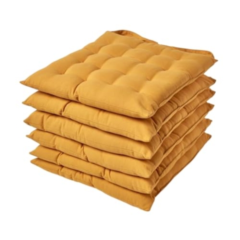 Homescapes 6er Set Stuhlkissen 40 x 40 cm, senfgelb, Sitzkissen mit Bändern und Knopfverschluss, einfarbige Auflagen für Stühle mit Bezug aus 100% Baumwolle und weicher Polyester-Füllung