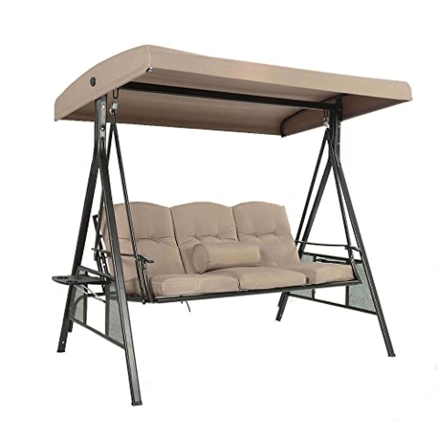 HOME DELUXE - Hollywoodschaukel DESCANSO Beige - 3-Sitzer, B/H/L 115cm x 195cm x 198cm, inkl. Getränkehalter, Sitz- und Rückenkissen I Gartenliege Gartenlounge Schaukelliege