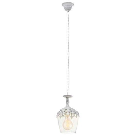 EGLO Pendelleuchte Sudbury, 1 flammige Hängelampe Vintage, Retro, Hängeleuchte aus Stahl und Glas in Weiß-Patina, Klar, Esstischlampe, Wohnzimmerlampe hängend mit E27 Fassung