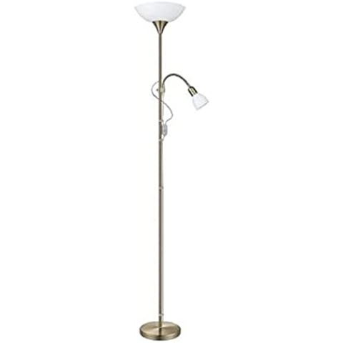 EGLO Stehlampe Up 2, 2 flammige Stehleuchte, Standleuchte aus brünierten Metall, Glas und Kunststoff, Wohnzimmerlampe, Weiß, Lampe mit Schalter, Deckenfluter mit Leselampe, E27, E14