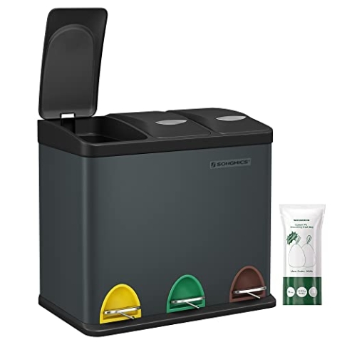 SONGMICS Mülleimer Küche, 3 x 8 L, kleine Kapazität, Mülltrennsystem 3 Fächer, Abfalleimer mit Deckel, Stahl-Treteimer für kleine Familien, Pedale und Inneneimer, grüngrau-schwarz LTB24GS