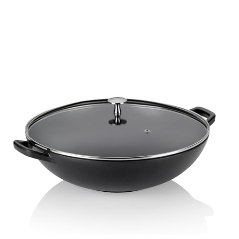 kela Gusseisen Wok mit Glasdeckel 36 cm CALIDO, Wokpfanne Induktion, Wokpfanne mit Deckel, emailliert, schwarz