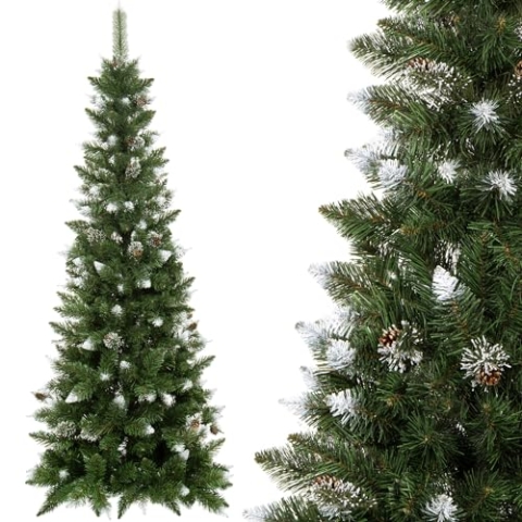 SPRINGOS künstlicher Weihnachtsbaum Diamantkiefer Slim Kunstschnee und Zapfen 220 cm
