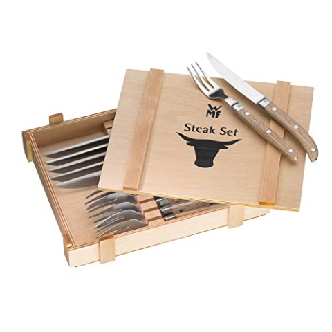 WMF Ranch Steakbesteck 12-teilig, Besteck Set 6 Personen, Steakmesser Set mit Gabel, Spezialklingenstahl geschmiedet, Cromargan Edelstahl mattiert, Eichenholz geölt