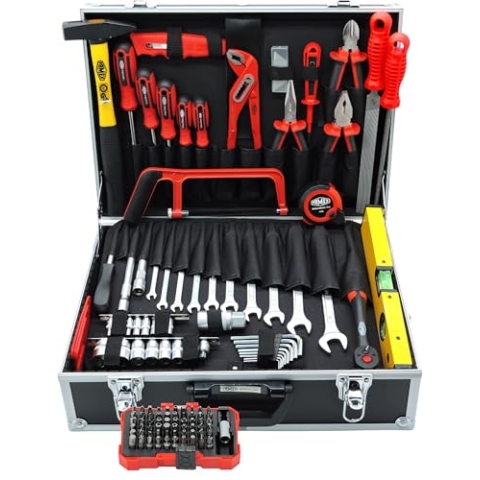 Famex 755-57 Aluminium Werkzeugkoffer bestückt mit hochwertigem Werkzeug Komplett Set - Werkzeugkasten gefüllt, Werkzeugkiste für Haushalt, Garage, Werkstatt