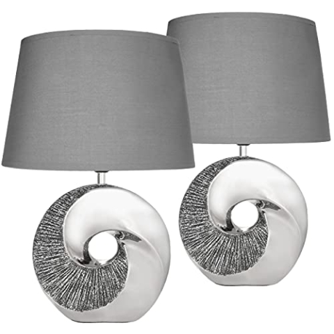 BRUBAKER 2er Set Tisch- oder Nachttischlampen Silber Stein Ring - Moderne Tischleuchten mit Keramikfuß - 42,5 cm Höhe, Chrom Grau