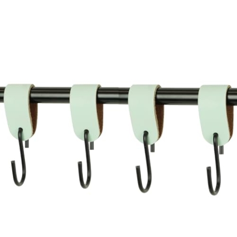 Handles and More - 4 x S Haken für Kleiderstangen - Minze - Größe L - für max. Durchmesser 49mm - Kleiderhaken mit Lederschlaufe - Garderobenhaken aus echtem Leder - Fleischerhaken für Garderobe
