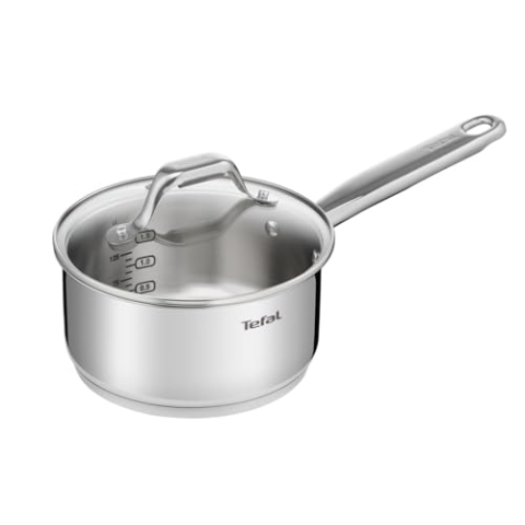 TEFAL Kochtopf Stielkasserolle 18 cm mit Glasdeckel | Topf mit 2,1 L Fassungsvermögen | Milchtopf mit Induktionsboden aus Edelstahl poliert | Spülmaschinengeeignet | alle Herarten auch Induktion
