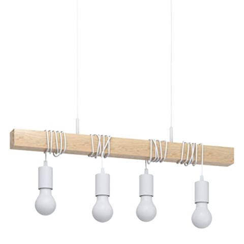 EGLO Pendellampe Townshend, 4 flammige Vintage Pendelleuchte im Industrial Design, Retro Hängelampe aus Stahl und Holz, Farbe: Weiß, braun, Fassung: E27