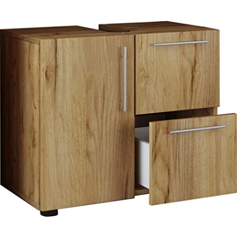 VCM Holz Waschbeckenunterschrank | Badschrank | Maße: H. 51 x B. 61 x T. 32 cm | 1 Drehtür | 2 große Schubladen | modernes Badezimmermöbel - Flandu Honig-Eiche