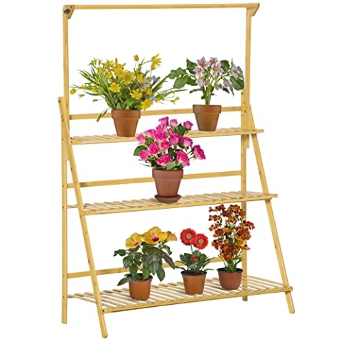 Outsunny Blumentreppe aus Holz Pflanzenständer Leiterregal einstellbare Hängehöhe Blumenständer hängende Bamboo Natur innen draußen 100 x 40 x 143 cm