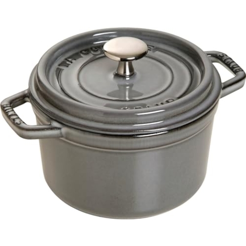 STAUB Gusseisen Bräter/Cocotte, Rund 16 cm, 1,2 L, Aromaregen Funktion für optimale Befeuchtung, Für alle Herdarten inkl. Induktion & Backofen, Graphitgrau