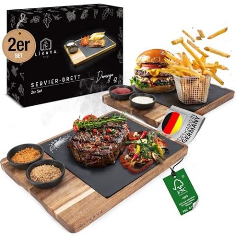LIKAYA® Servierbrett XXL 2er-Set 'Domingo' – FSC® Akazienholz & Schieferplatte mit Saucenschüsseln | Perfekt als Grillbrett, Steakbrett & Geschenk für Burger, Steak & Sushi