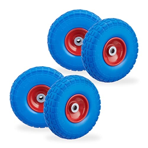 Relaxdays Set of 8 PU Wheelbarrow Tyres Blue/Red 8 Stück Schubkarrenreifen Pannensicher Vollgummi 4.1/8.9-10.2 cm 16mm-Achse Ersatzrad Blau/Rot, 70% Gummi 30% Stahl, 4 inches