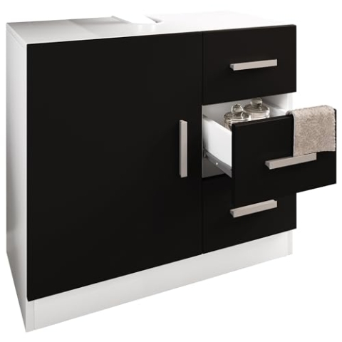 VCM Holz Waschbeckenunterschrank | Badschrank | Maße: H. 56 x B. 63 x T. 30 cm | 1 Drehtür | 3 Schubladen | modernes Badezimmermöbel – Zalo XL Weiß/Schwarz