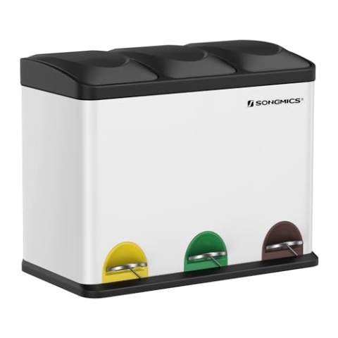 SONGMICS Mülleimer Küche, Mülltrennsystem 3 Fächer, Abfalleimer, 45 Liter Treteimer aus Metall, 3 x 15 Liter, Tretmülleimer mit Deckel, Stahl, wolkenweiß-tintenschwarz LTB45W