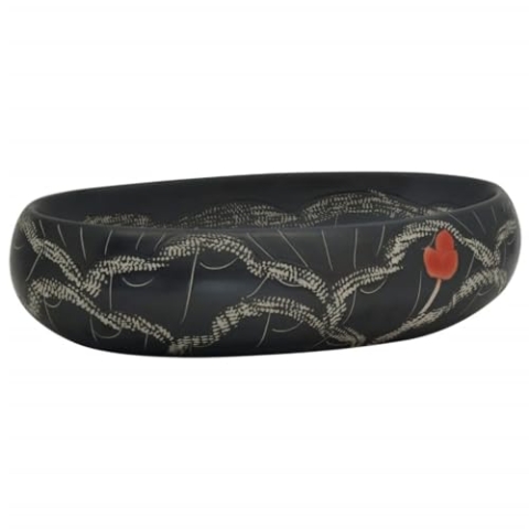 vidaXL Aufsatzwaschbecken, Oval Waschbecken mit Muster, Handgefertigt Waschtisch Waschschale für Badezimmer, Handwaschbecken Spülbecken, Schwarz 59x40x15 cm Keramik