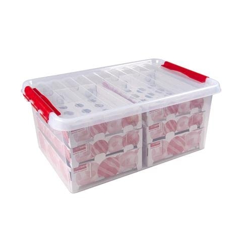 SUNWARE Q-Line Weihnachtsbox - 45 L mit Tabletts für 98 Weihnachtskugeln - transparent/rot