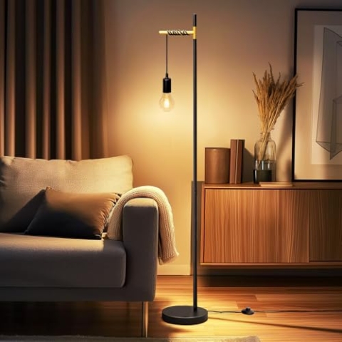 Aigostar Retro Stehlampe E27 Metall - Hängende Wohnzimmerlampe mit 180cm Kabel， Fußschalter， Schwarz/Gold (Ohne Leuchtmittel)
