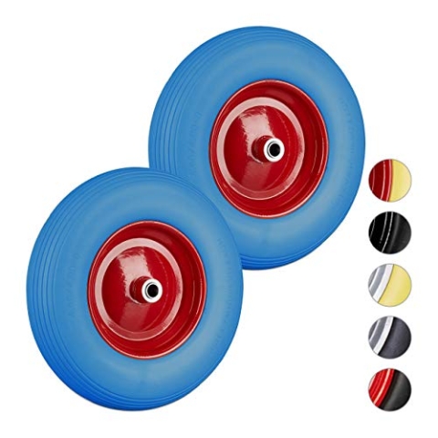 Relaxdays 2 x Schubkarrenrad 4.80 4.00-8, Vollgummireifen und Stahlfelge, Ersatzrad pannensicher, 100kg Traglast, blau-rot