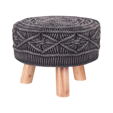 Hocker Baumwolle Makramee grau rund dreibeinig Eukalyptusholz Hellbraun Mundra