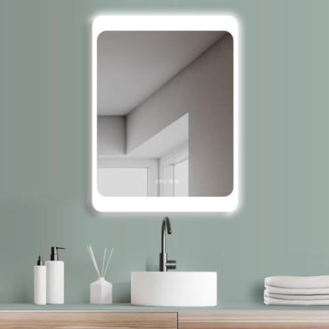 HOKO LED Badspiegel 50x70 cm KÖLN mit Beschlagfrei und Digitaluhr. Design Wandspiegel fürs Bad. Dieser Spiegel mit Beleuchtung ist mit Touch Schalter und mit Wandschalter bedienbar.
