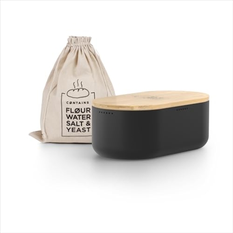 LARS NYSØM Brotkasten I Brotbox aus Metall mit Brotsack aus Leinen für langanhaltende Frische I Brotdose mit hochwertigem Bambusdeckel verwendbar als Schneidebrett I 36x19x13cm (Carbon Black)