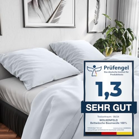Wolkenfeld Bettwäsche 155x220 Baumwolle Weiß - Atmungsaktiv - 1x Bettbezug 155x220 + 1x Kissenbezug 80x80 - Weiss