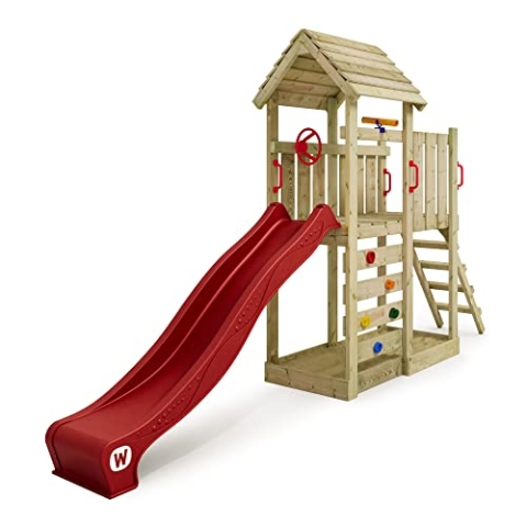 WICKEY Spielturm Klettergerüst JoyFlyer mit Holzdach & roter Rutsche, Outdoor Kinder Kletterturm mit Sandkasten, Leiter & Spiel-Zubehör für den Garten