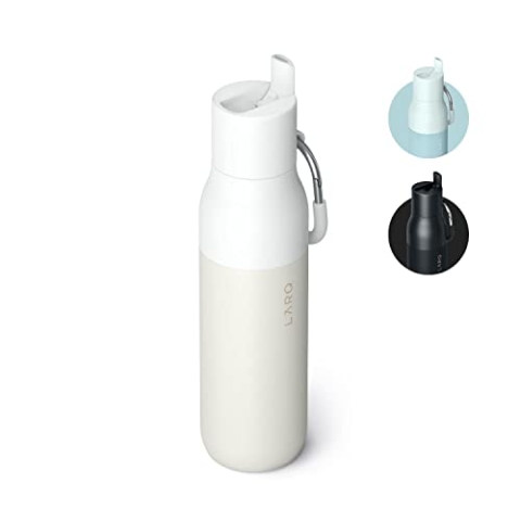LARQ Flip Top 500ml – Isolierte Edelstahl-Thermoflasche mit Doppelwandige Isolierung | Klappdeckel mit Strohhalm | Silikonbeschichteter Karabiner | BPA-frei, Granite White