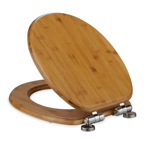 Relaxdays Toilettendeckel mit Absenkautomatik & Quick Release, 37,5 x 43,5 cm, Bambus, Montage von Oben, oval, Natur