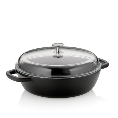kela Schmorpfanne 28 cm hoher Rand CALIDO, Gusseisenpfanne Induktion mit Glasdeckel 3,8 l, Pfanne Gusseisen emailliert, schwarz