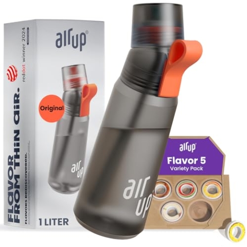 air up® Flasche Gen2 Starter Set Original, inkl Pods in 5 Geschmacksrichtungen I 1l Trinkflasche mit Geschmack, zuckerfrei I auslaufsicher, spülmaschinenfest & BPA frei I in Grau