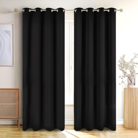 Blumtal Verdunklungsvorhänge 2er Set - Thermovorhang Hitzeschutz - Vorhang Blickdicht mit Ösen - Gardinenschals mit Schlaufen - Gardinen 215x132 cm - Gardinen Schlafzimmer Schwarz