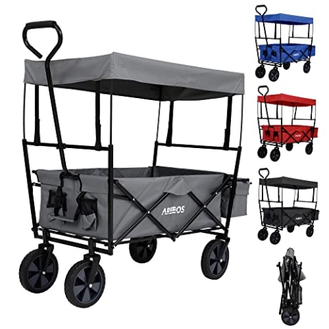 Arebos Bollerwagen faltbar mit Dach | Handwagen | Transportwagen | Faltwagen | Gerätewagen inkl. 2 Netztaschen und Einer Außentasche | faltbar | bis 70 kg Tragkraft | 360° Vollgummireifen | Grau