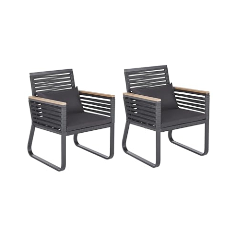 Beliani Komfortables 2er Set Gartenstühle Aluminium/Flachseil schwarz - Inklusive Polsterkissen - Stilvoll und Wetterbeständig - CANETTO