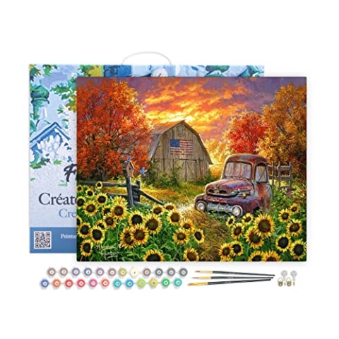 Figured'Art Malen Nach Zahlen Erwachsene Mit Rahmen Sonnenblumenfeld mit Oldtimer an der Scheune - Paint by Numbers Basteln DIY Bastelset 40x50cm Leinwand gespannt auf Holzrahmen
