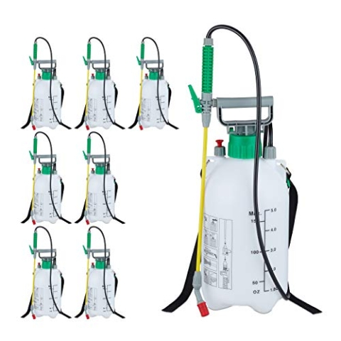 Relaxdays Set of 8 Pressure Sprayers 5L 8er Set Drucksprüher 5 Liter Sprühdose Schlauch & Gießlanze Pumpwirkung Garten verstellbar, 70 30% Kunststoff, Weiß, Grün, Gelb, 5 l