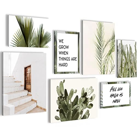 Novart Wandbilder Palmen - KOMPLETT AUFHÄNGFERTIG - Grüne Blätter Wohnzimmer Schlafzimmer - 7 Moderne Mood-Bilder - N014871a