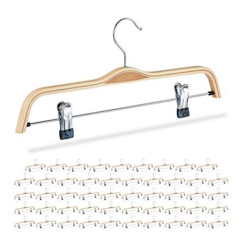 Relaxdays 50 x Hosenbügel Holz, verstellbare & gummierte Clips, 360° drehbarer Haken, Kleiderbügel, 37cm breit, Klemmbügel, Natur