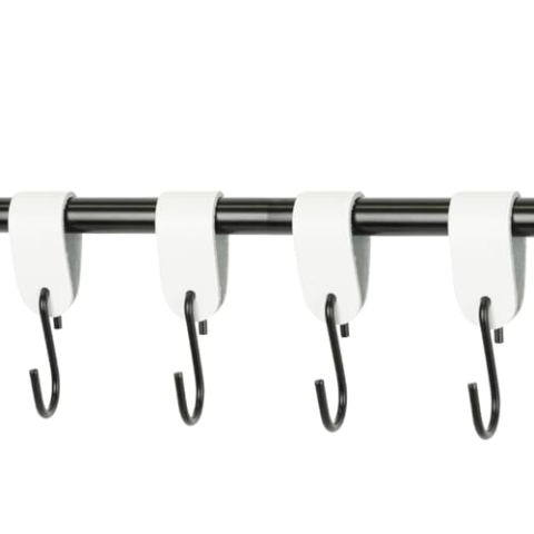 Handles and More - 4 x S Haken für Kleiderstangen - Weiß - Größe L - für max. Durchmesser 49mm - Kleiderhaken mit Lederschlaufe - Garderobenhaken aus echtem Leder - Fleischerhaken für Garderobe
