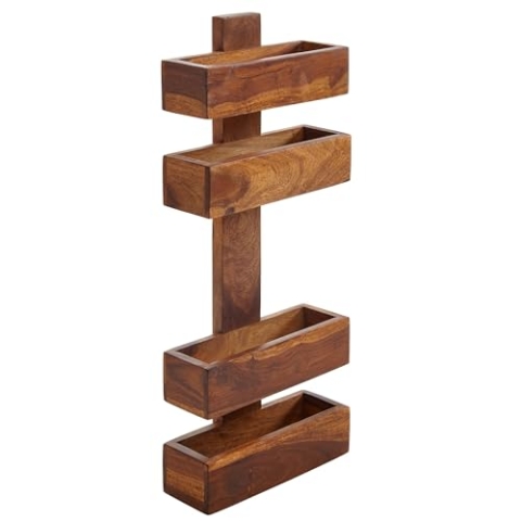 Wohnling Zeitungsständer Massivholz Sheesham 2 Ablagefächer Zeitschriften-Ständer Design Prospekt-Halter Landhaus-Stil Holz-Regal Natur-Produkt Wohnzimmer-Regal Buch-Ablage Echtholz Wandregal Unikat