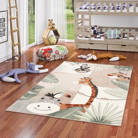Pergamon Kinder Teppich Weich Kinderzimmer Softstar KidsTierwelt Mintgrün Beige in 5 Größen